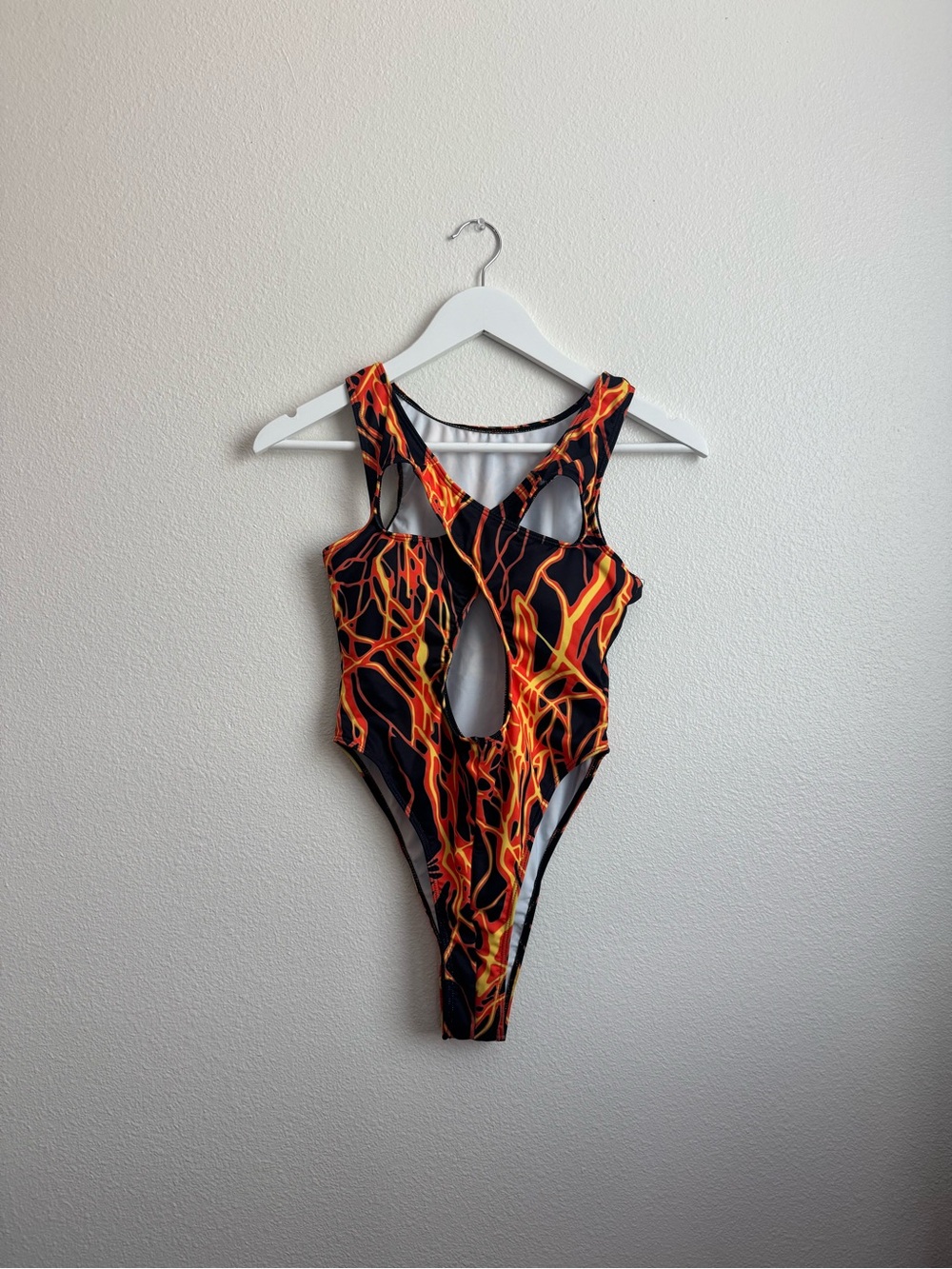 Black One-Piece with Red & Orange Flame Print